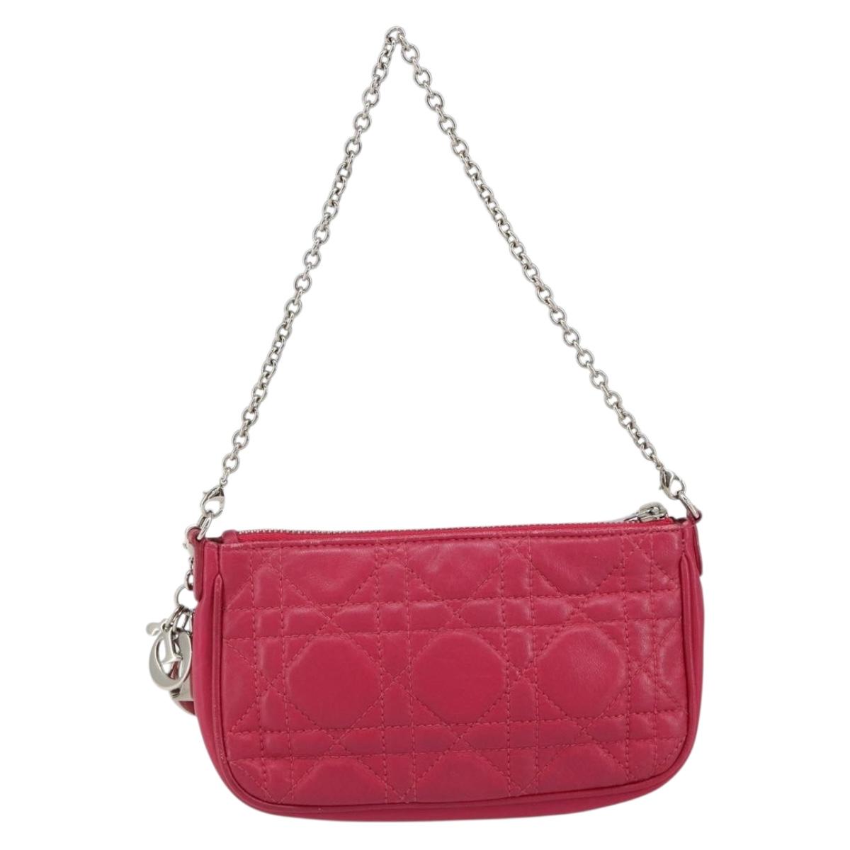 Christian Dior Canage Chain Shoulder Bag Lamb Skin Pink Silver Auth mr1565