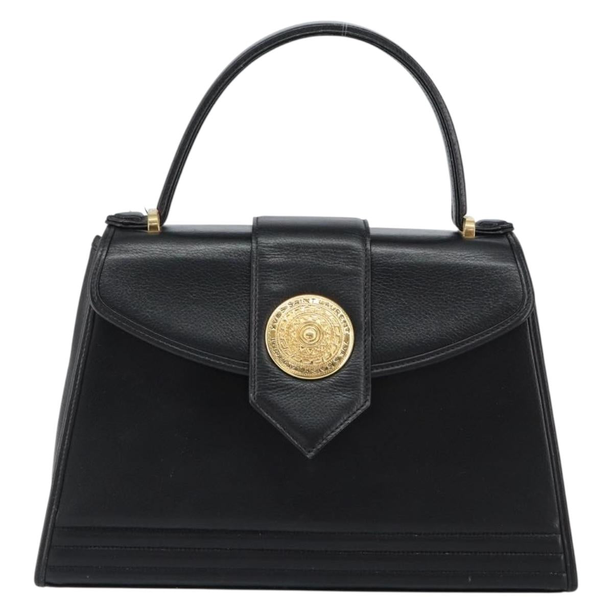 SAINT LAURENT Hand Bag Leather Black Gold Auth mr1566