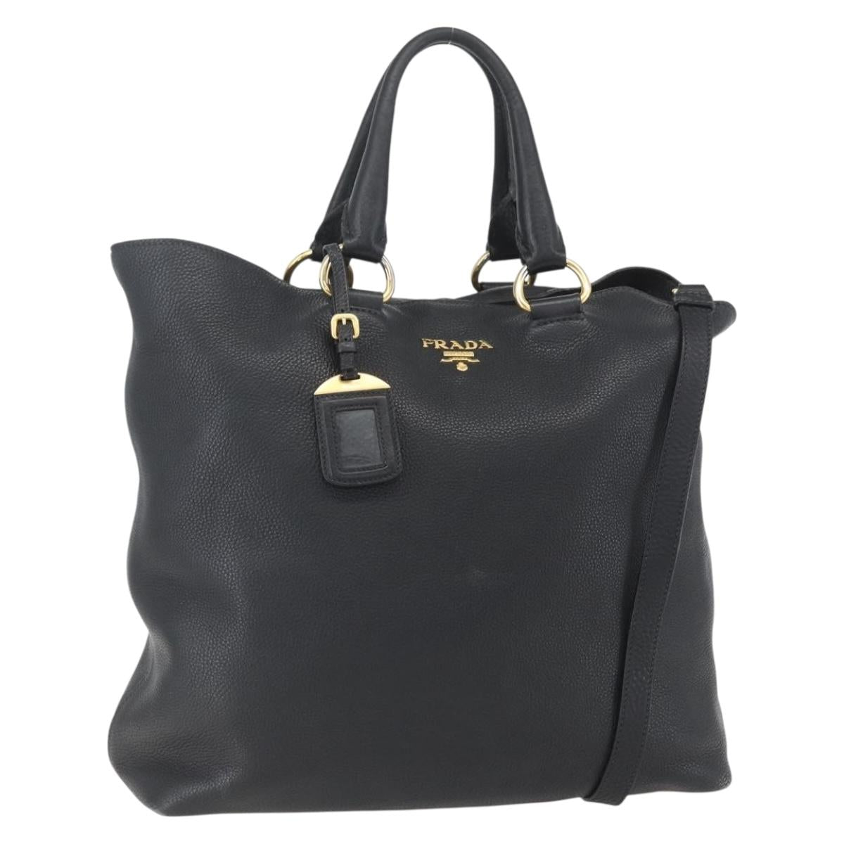 PRADA Hand Bag Leather 2way Black Gold Auth mr1569