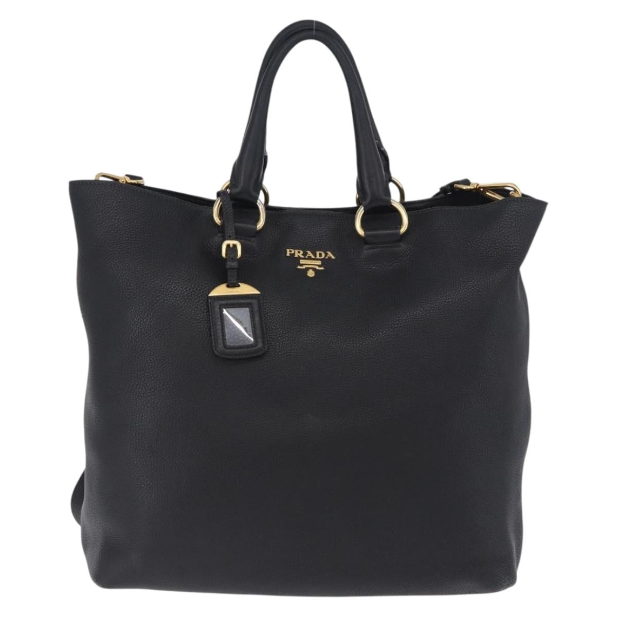PRADA Hand Bag Leather 2way Black Gold Auth mr1569