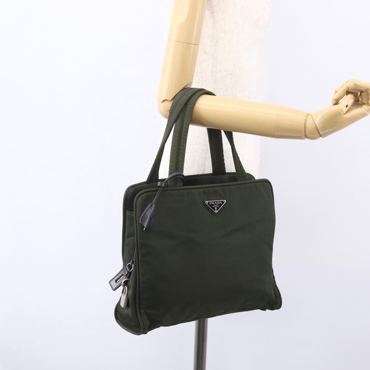 PRADA Hand Bag Nylon Khaki Silver Auth mr1570