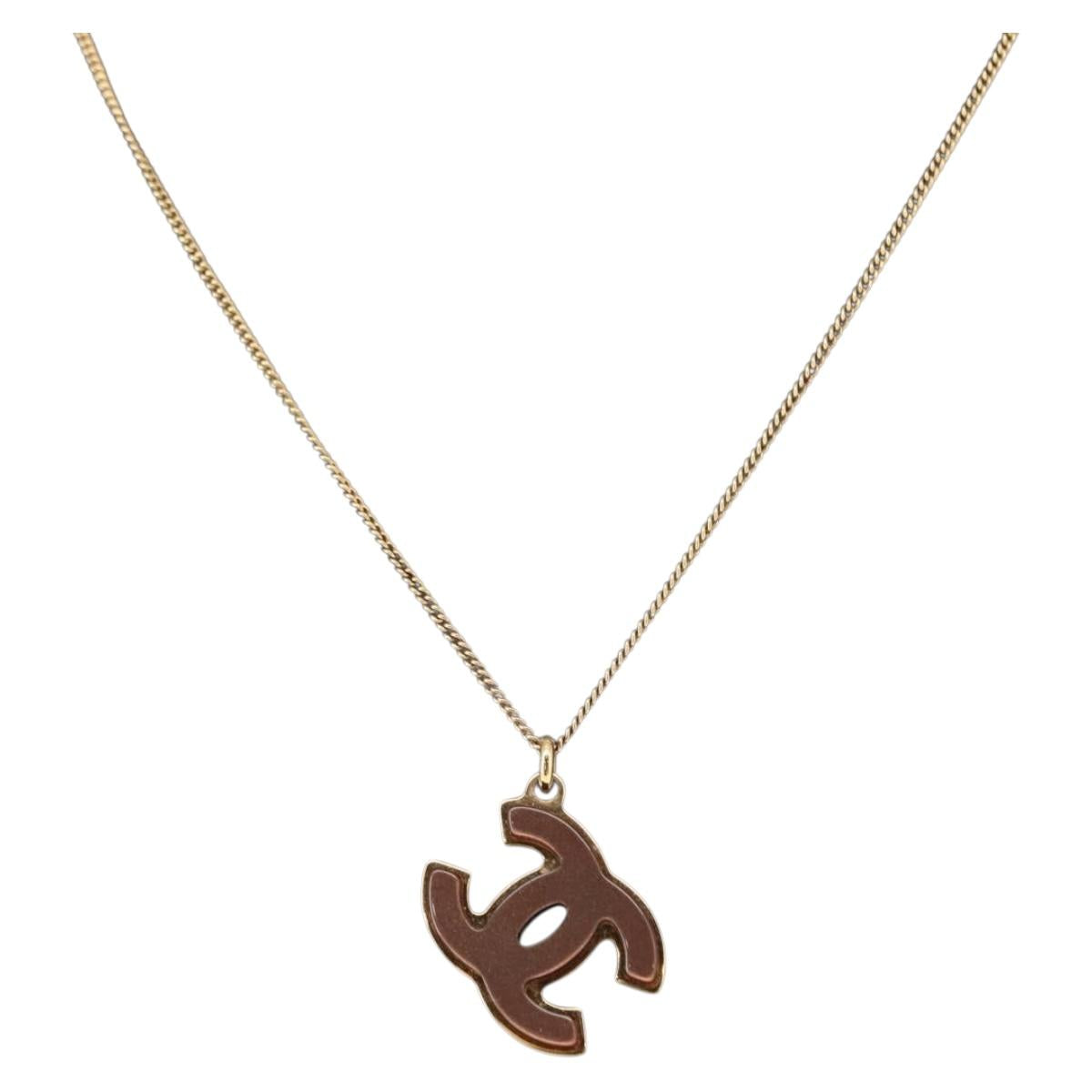 CHANEL COCO Mark Reversible Necklace Metal Gold Tone CC Auth mr1576