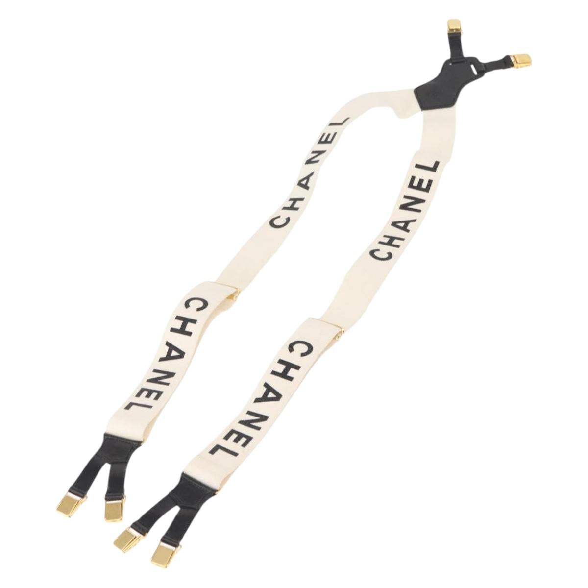 CHANEL Suspenders Canvas Leather White CC Auth mr1577