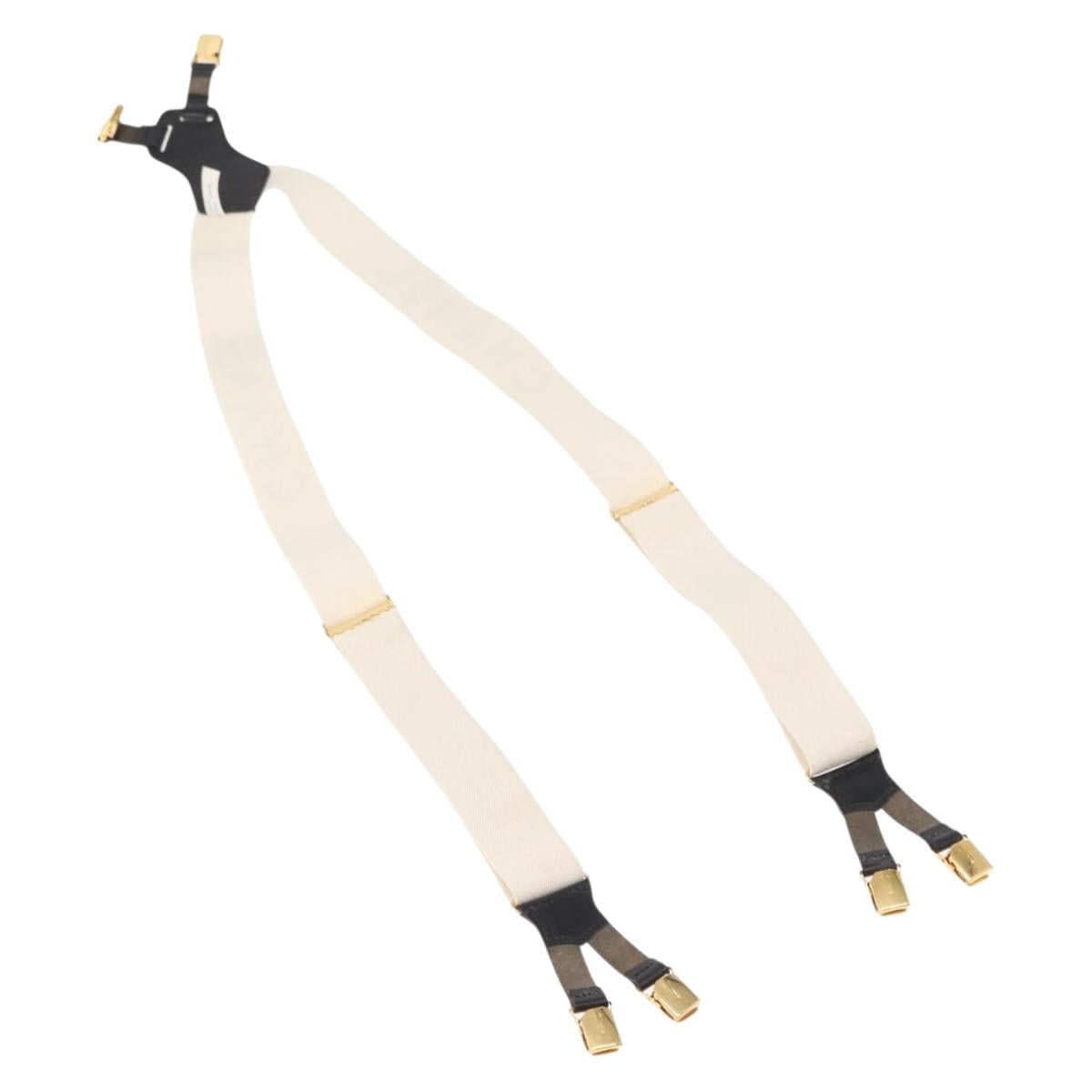 CHANEL Suspenders Canvas Leather White CC Auth mr1577