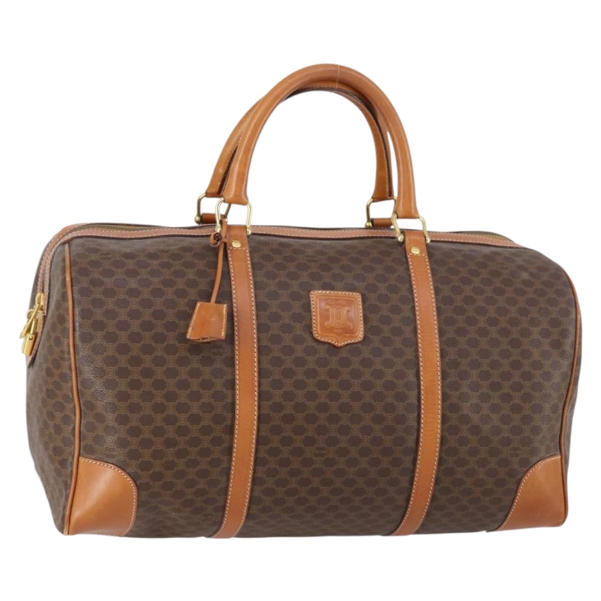 CELINE Macadam Canvas Boston Bag PVC Brown Gold Auth mr1581