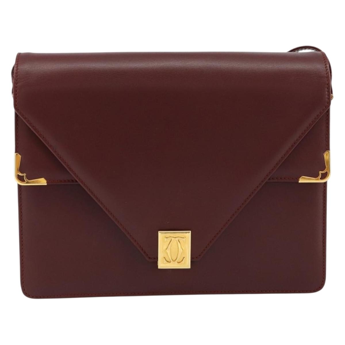 CARTIER Must Line Shoulder Bag Leather Bordeaux Gold Auth mr1585