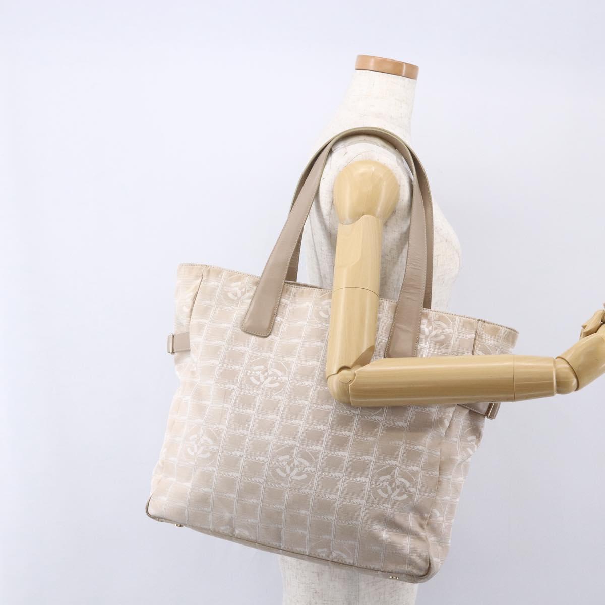 CHANEL New Travel Line Tote Bag Nylon Beige Gold CC Auth mr1594