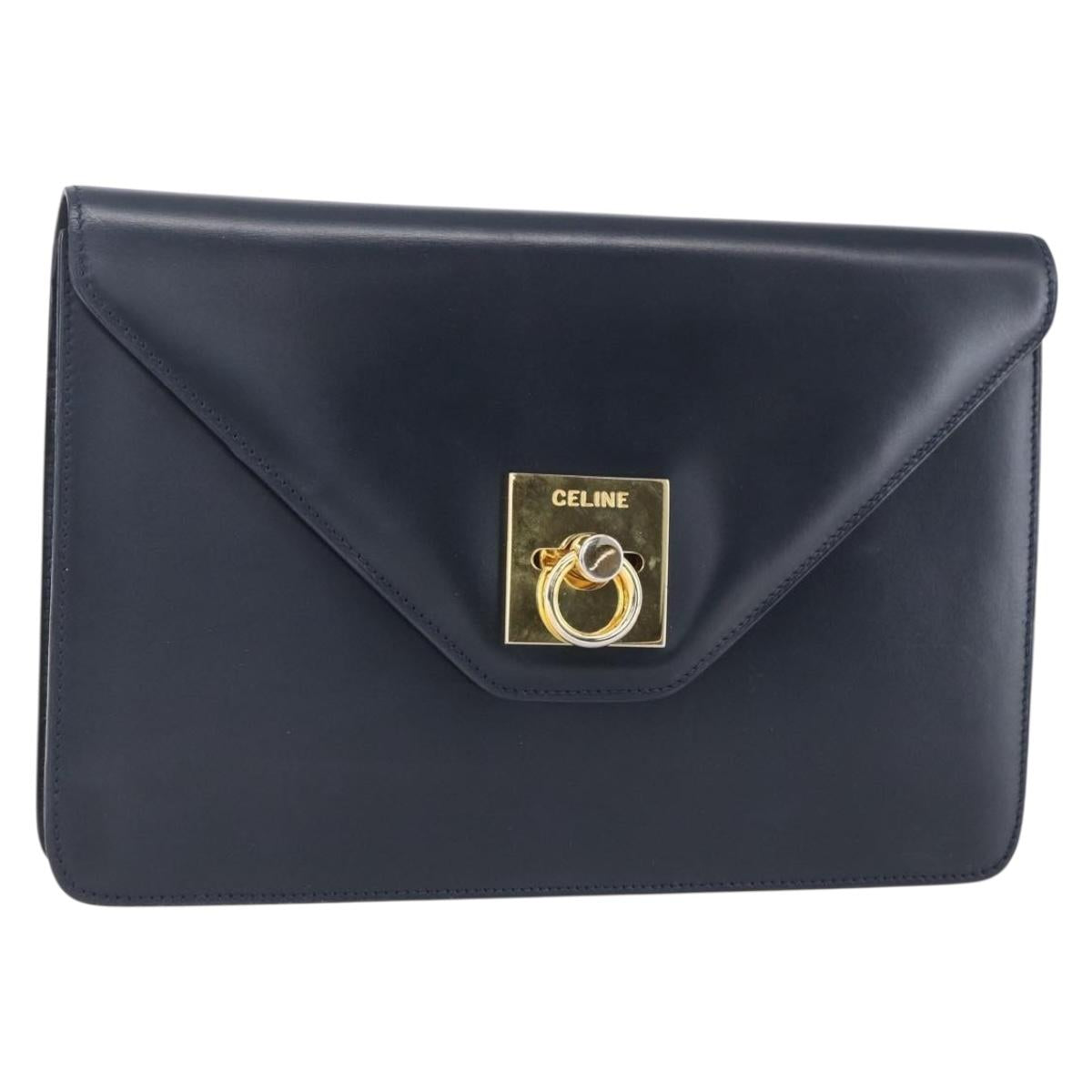 CELINE Clutch Bag Leather Black Gold Auth mr1597