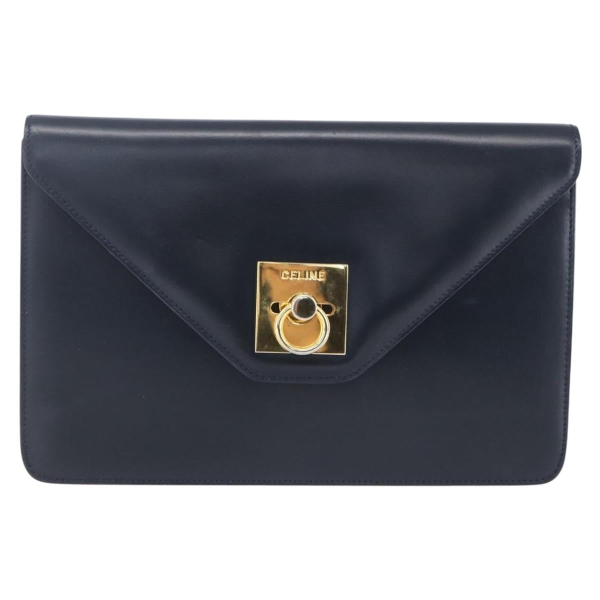 CELINE Clutch Bag Leather Black Gold Auth mr1597