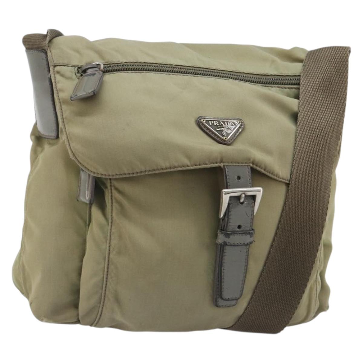 PRADA Shoulder Bag Nylon Khaki Silver Auth mr1600