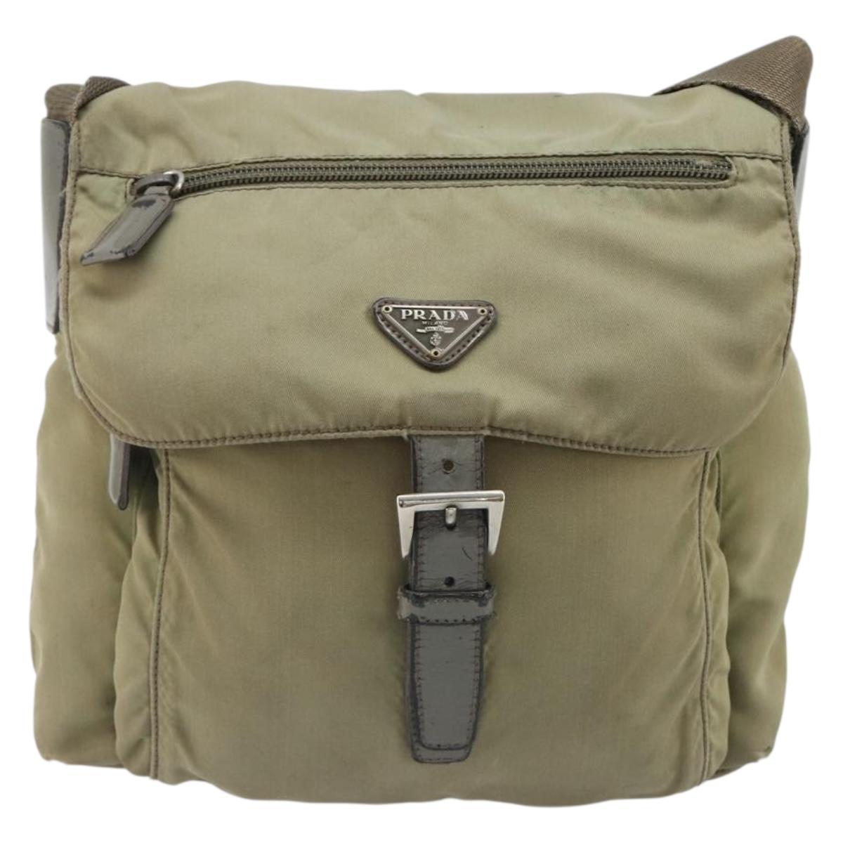 PRADA Shoulder Bag Nylon Khaki Silver Auth mr1600