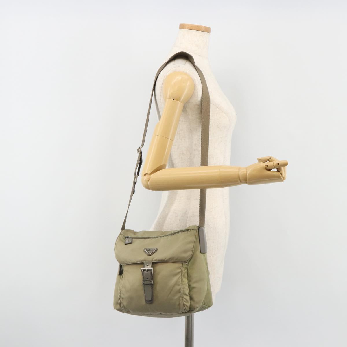 PRADA Shoulder Bag Nylon Khaki Silver Auth mr1600