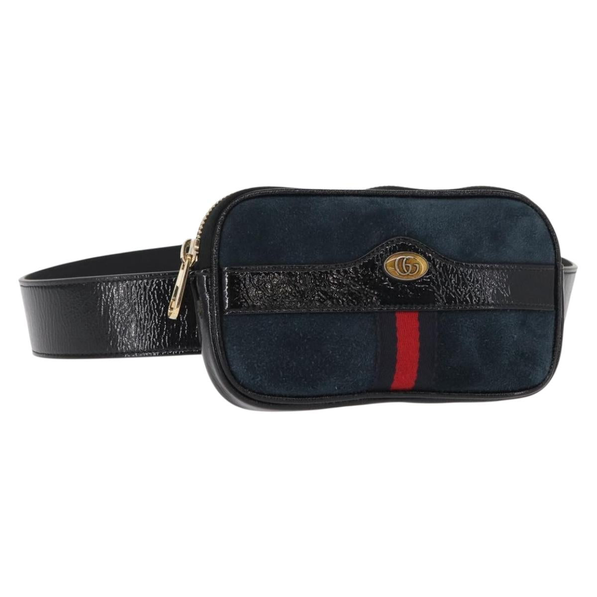 GUCCI Sherry Line Waist Bag Suede Enamel Navy gold 519308 Auth mr1606