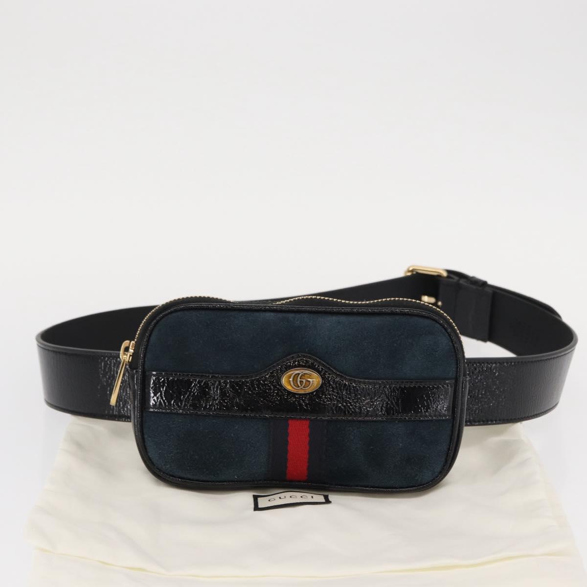 GUCCI Sherry Line Waist Bag Suede Enamel Navy gold 519308 Auth mr1606