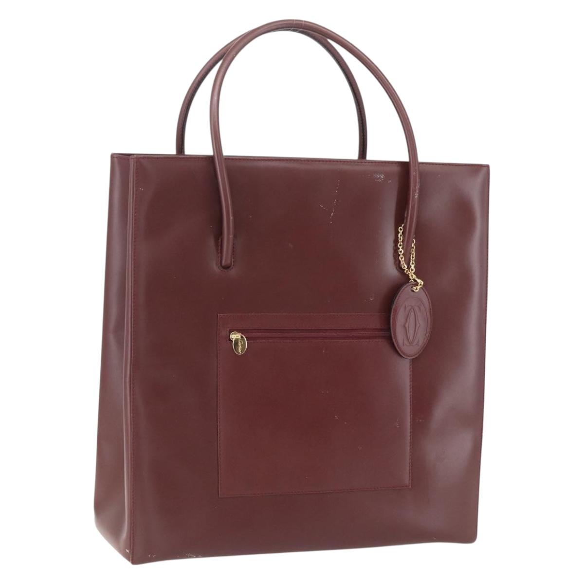 CARTIER Tote Bag Leather Bordeaux Gold Auth mr1623