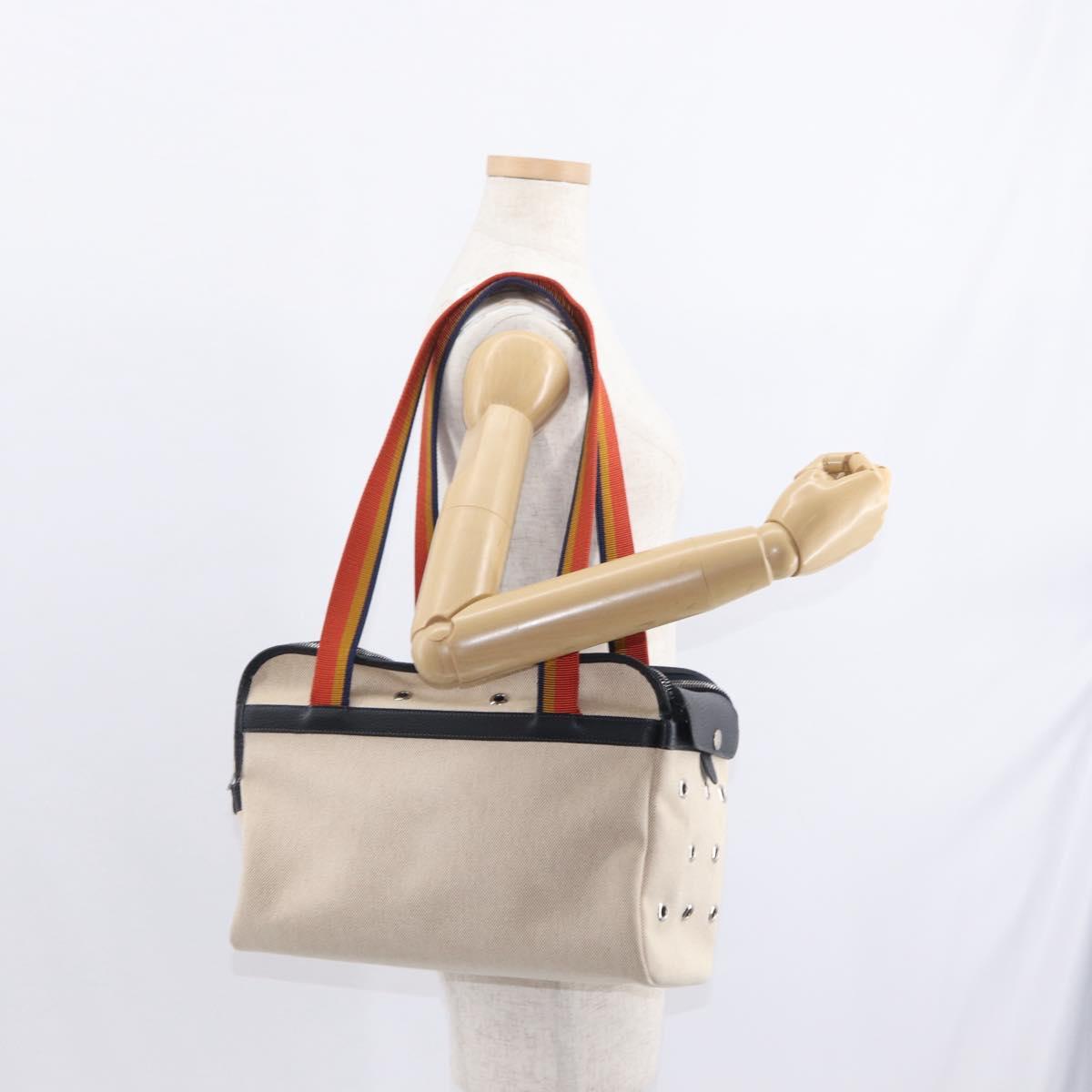 HERMES Pet Carry Bag Canvas Leather Beige Silver Auth mr1626
