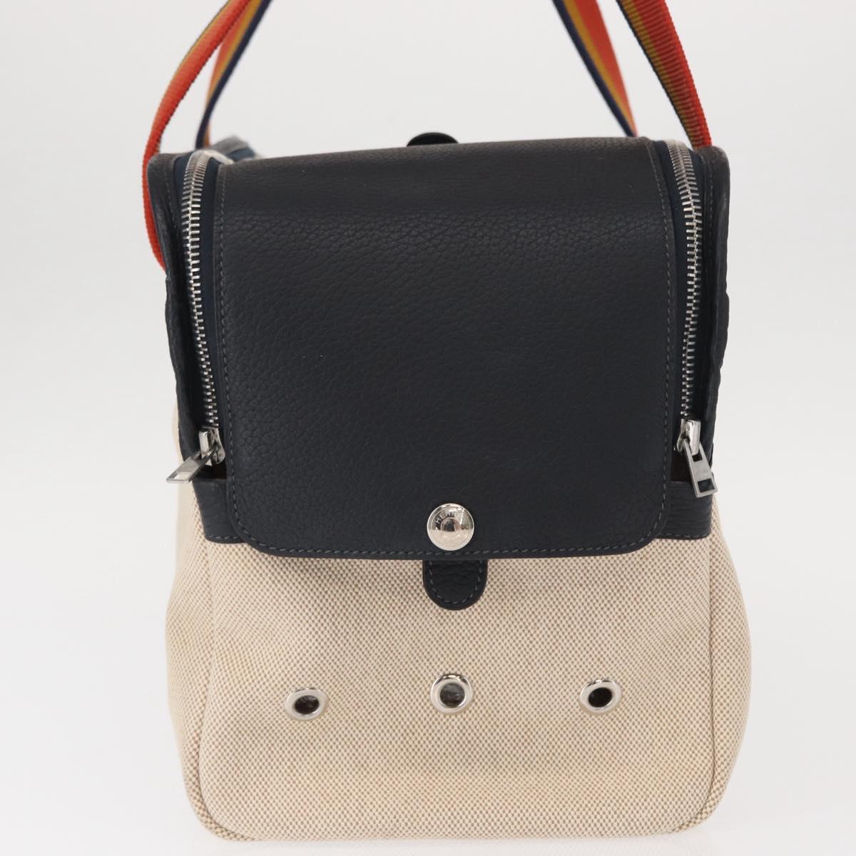 HERMES Pet Carry Bag Canvas Leather Beige Silver Auth mr1626