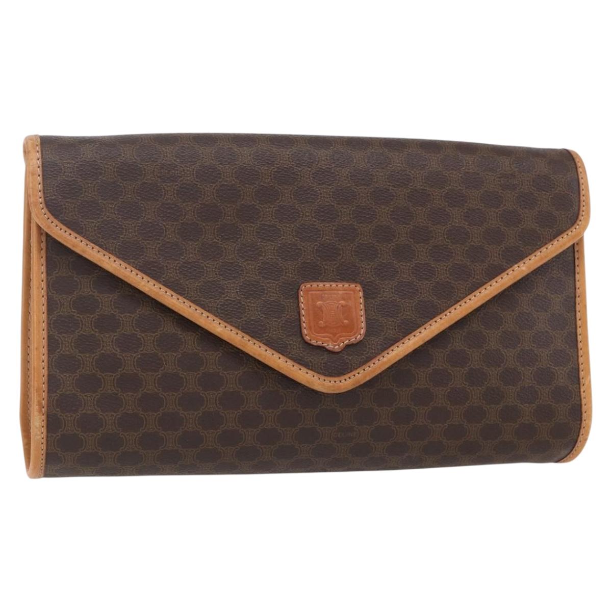 CELINE Macadam Canvas Clutch Bag PVC Leather Brown Gold Auth mr1627