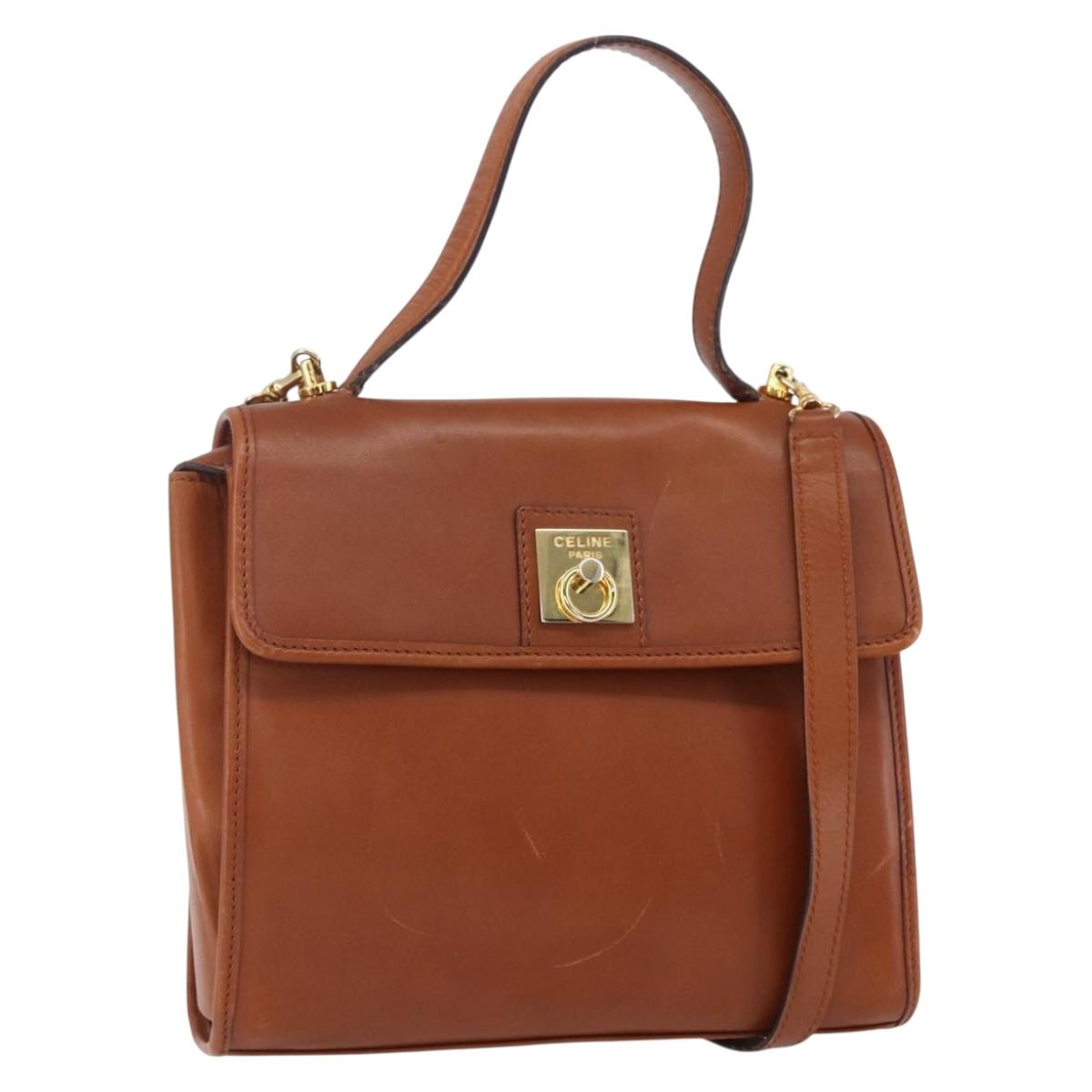 CELINE Hand Bag Leather 2way Brown gold Auth mr1643