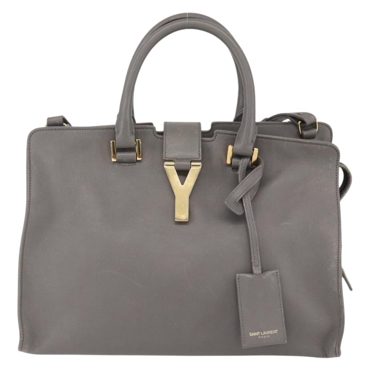 SAINT LAURENT Petit Cabas Hand Bag Leather 2way Gray Gold Auth mr1644