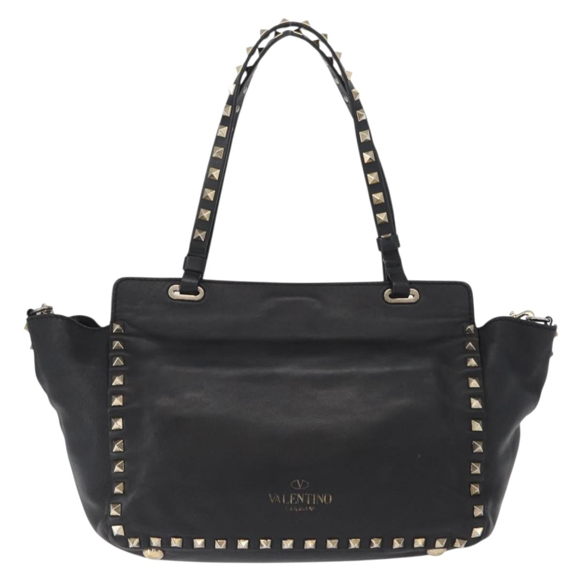 VALENTINO Studs Tote Bag Leather 2way Black Gold Silver Auth mr1645