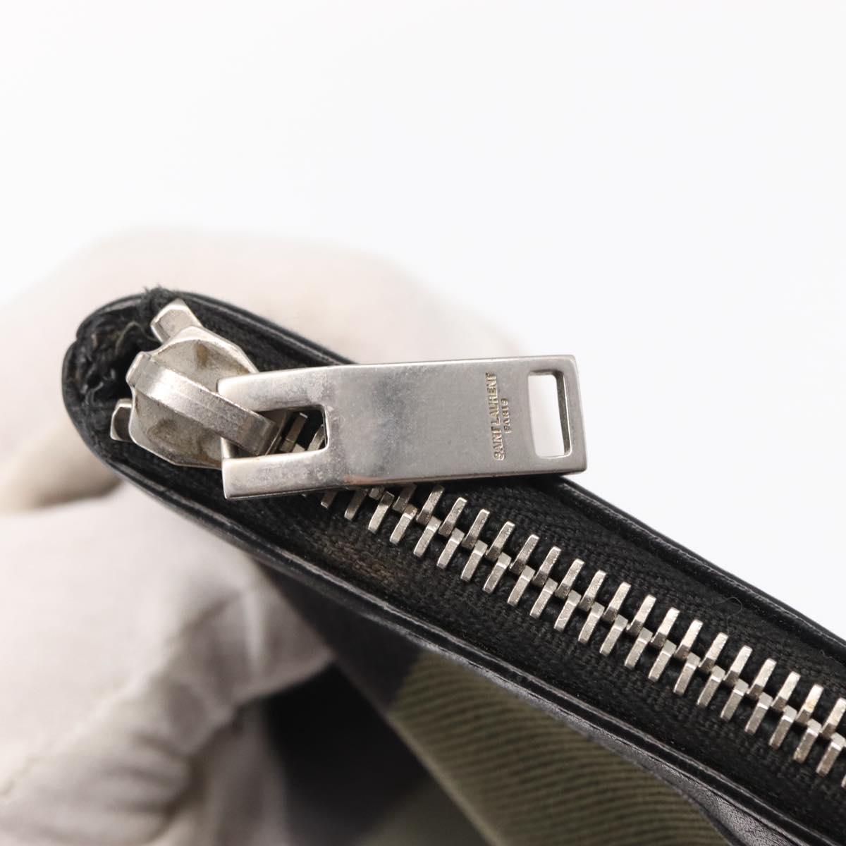 SAINT LAURENT Clutch Bag Canvas Leather Black Khaki Silver Auth mr1652