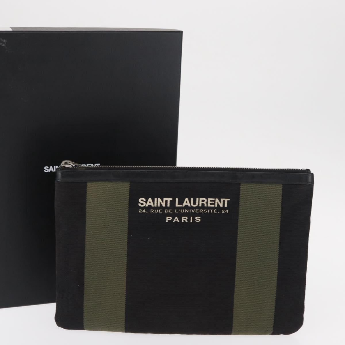 SAINT LAURENT Clutch Bag Canvas Leather Black Khaki Silver Auth mr1652