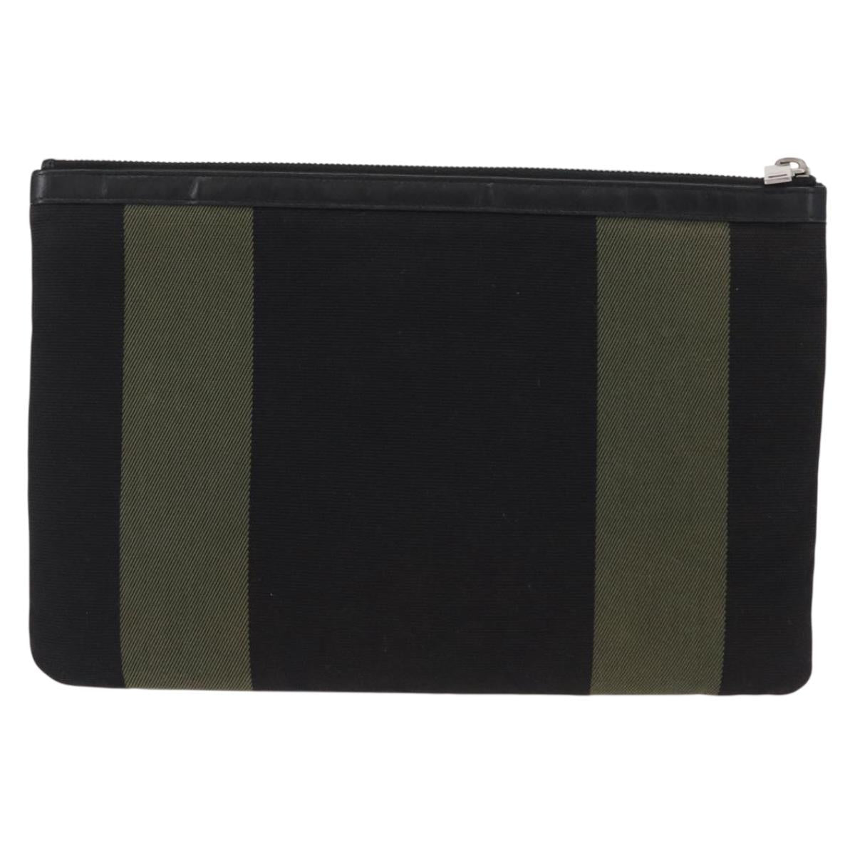 SAINT LAURENT Clutch Bag Canvas Leather Black Khaki Silver Auth mr1652