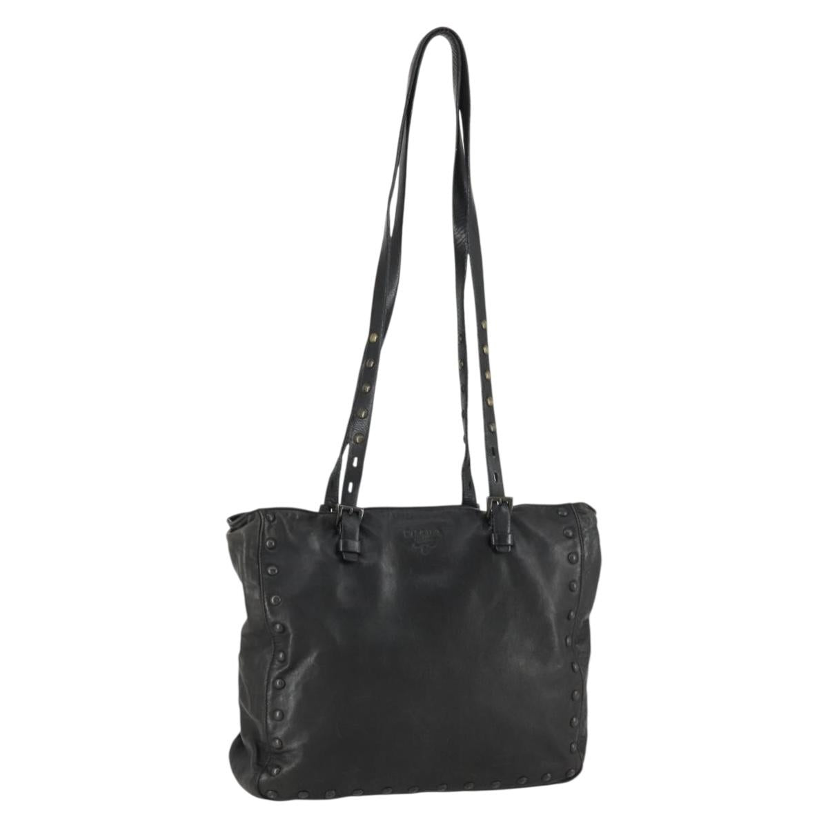 PRADA Studs Tote Bag Leather Black Silver Auth mr1666