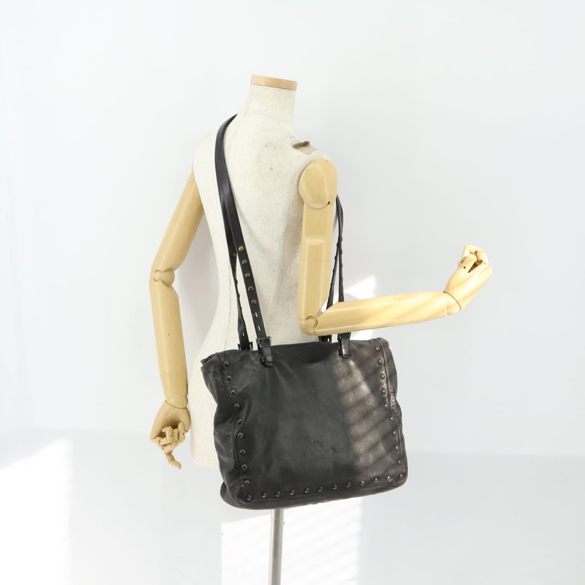 PRADA Studs Tote Bag Leather Black Silver Auth mr1666