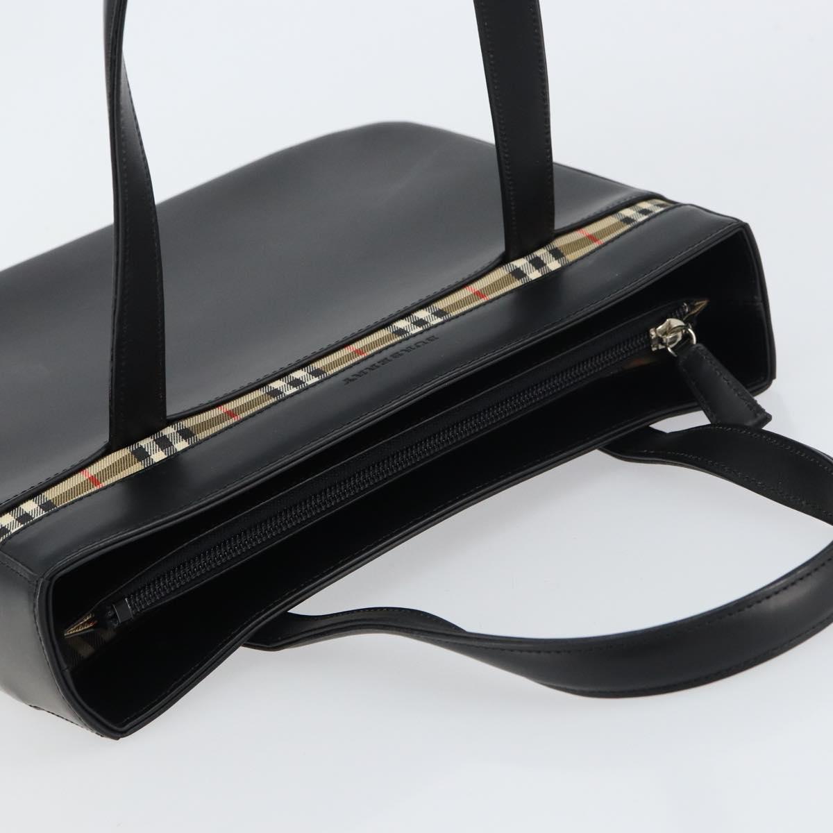 BURBERRY Nova Check Hand Bag Leather Black Silver Auth mr1680V