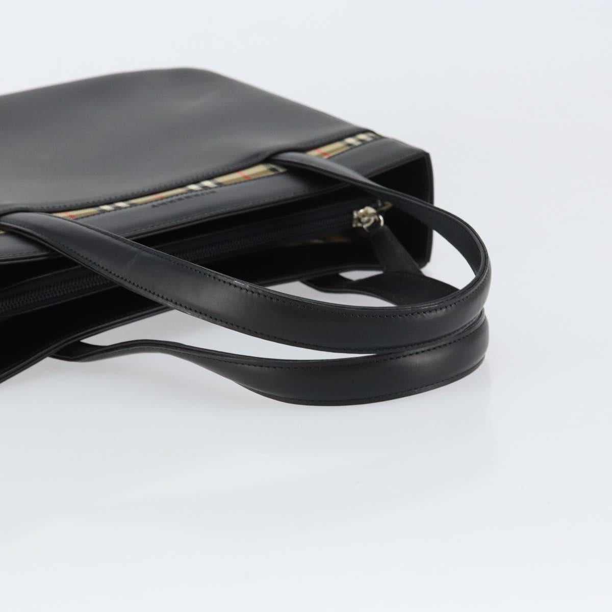 BURBERRY Nova Check Hand Bag Leather Black Silver Auth mr1680V