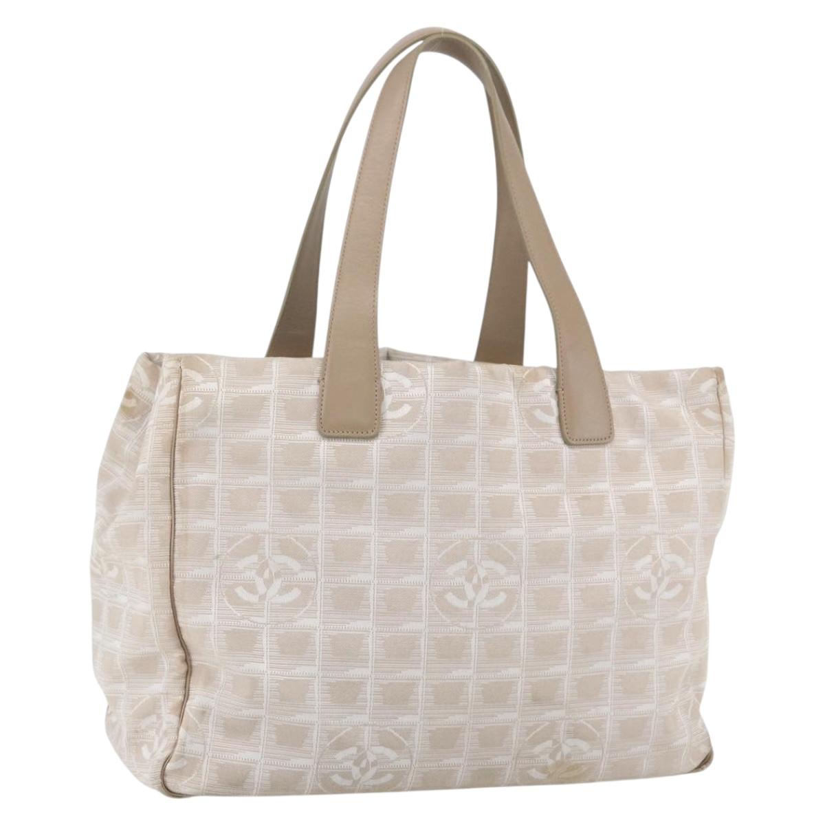 CHANEL New Travel line Hand Bag Nylon Beige Silver CC Auth mr1703