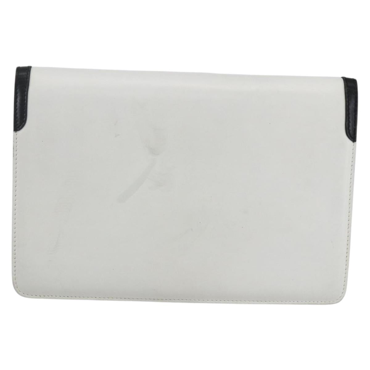 CELINE Clutch Bag Leather White Gold Auth mr1733