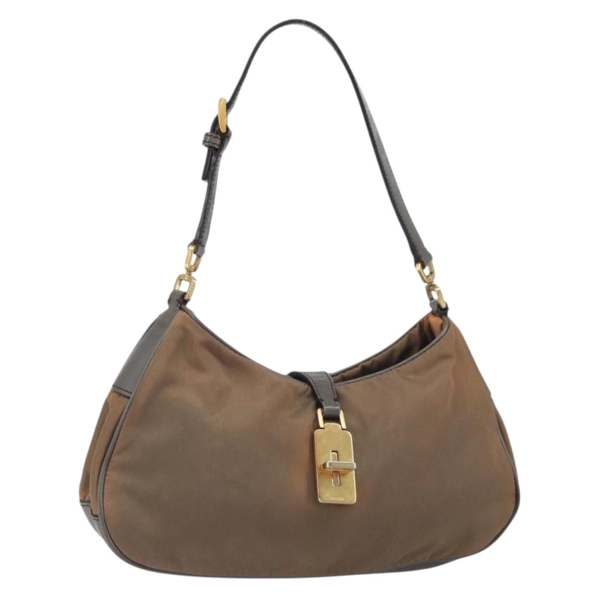 PRADA Hand Bag Nylon Leather Gold Brown Auth mr1761