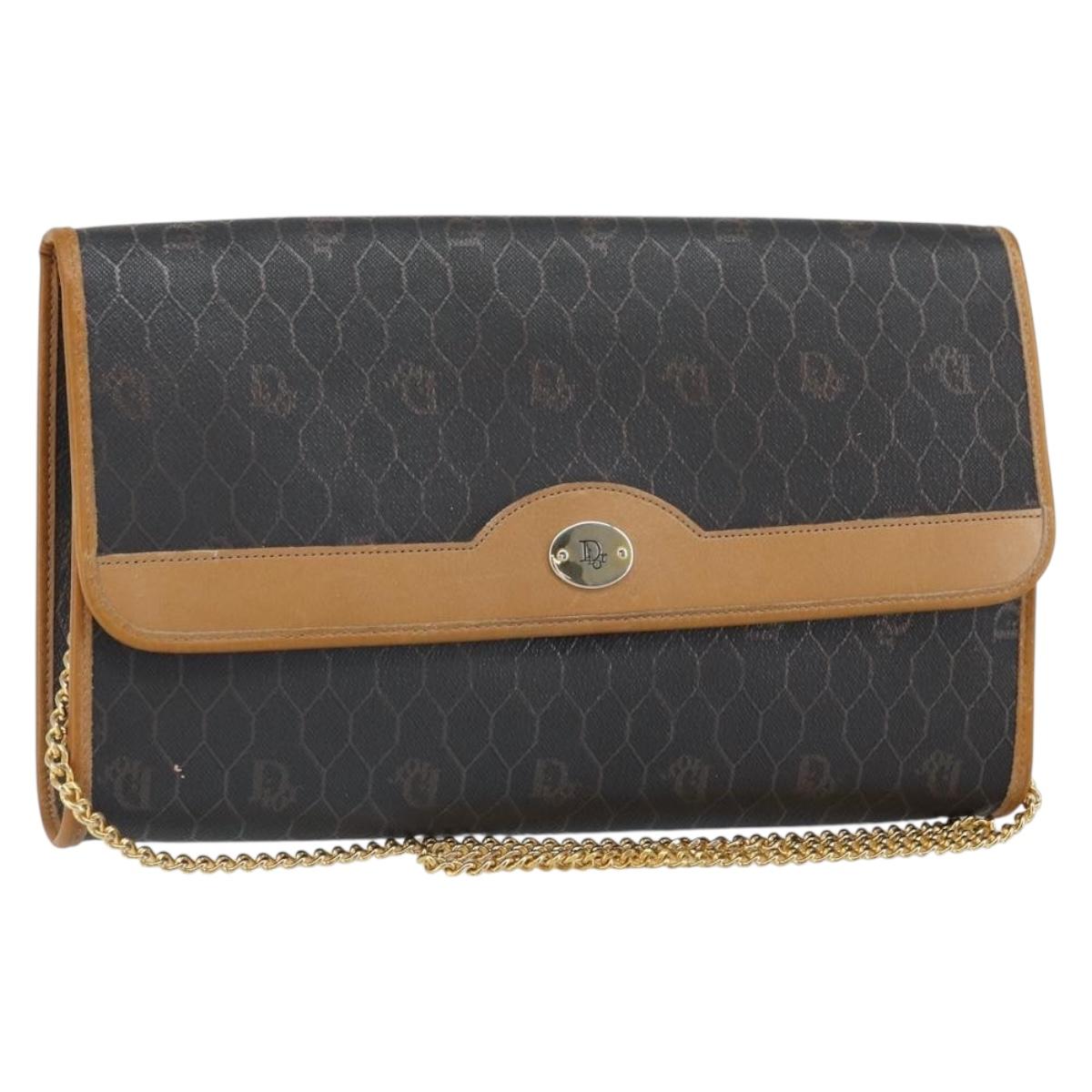Christian Dior Honeycomb Canvas Chain Shoulder Bag PVC Black Gold Auth mr1769