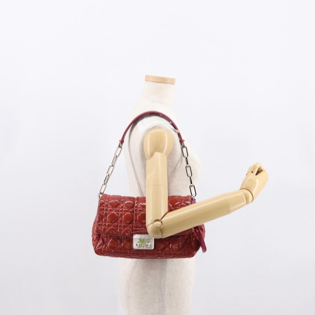 Christian Dior Canage Chain Shoulder Bag Patent leather Red Silver Auth mr1804