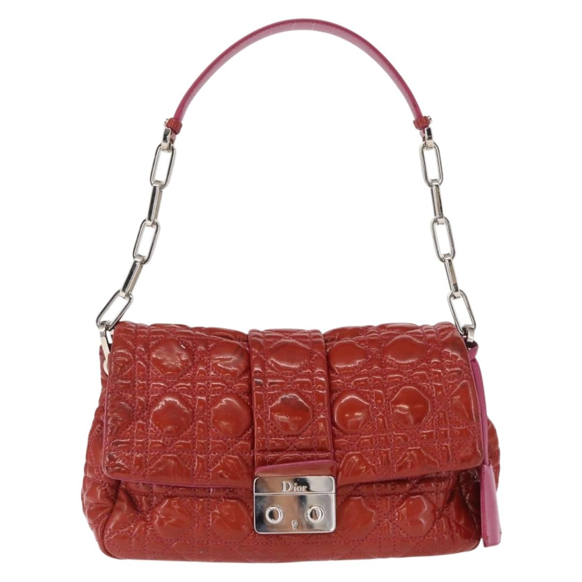 Christian Dior Canage Chain Shoulder Bag Patent leather Red Silver Auth mr1804