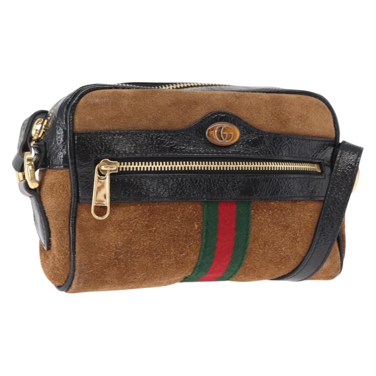 GUCCI Web Sherry Line Shoulder Bag Suede Leather Brown Gold 573321 Auth mr1859