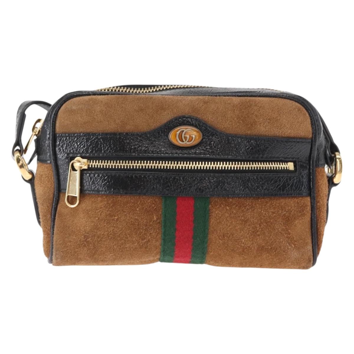 GUCCI Web Sherry Line Shoulder Bag Suede Leather Brown Gold 573321 Auth mr1859