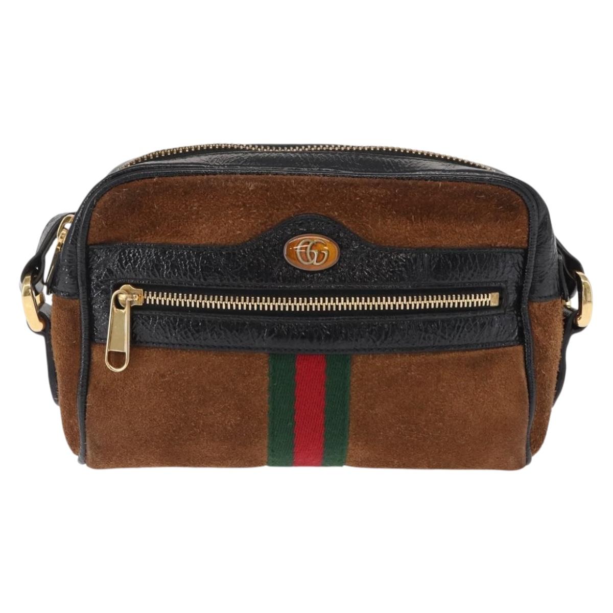 GUCCI Web Sherry Line Shoulder Bag Suede Leather Brown Gold 573321 Auth mr1860