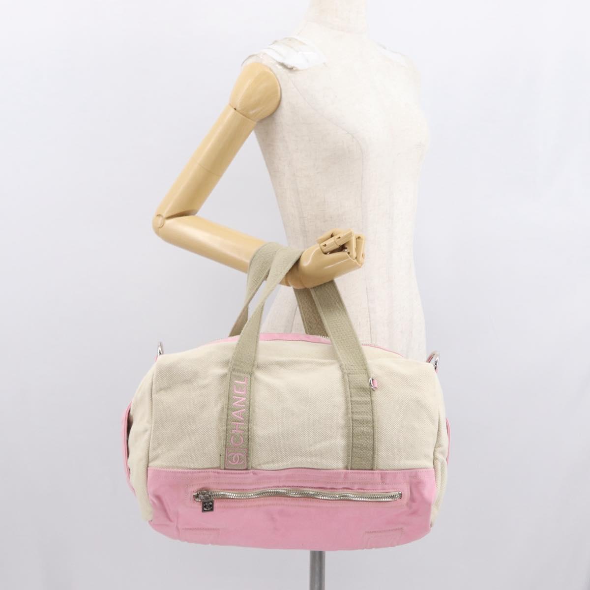 CHANEL Boston Bag Canvas Pink Silver CC Auth mr1869