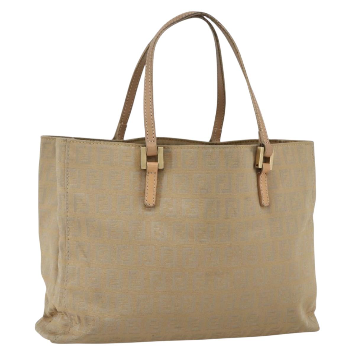FENDI Zucchino Canvas Hand Bag Beige Gold Auth mr1871