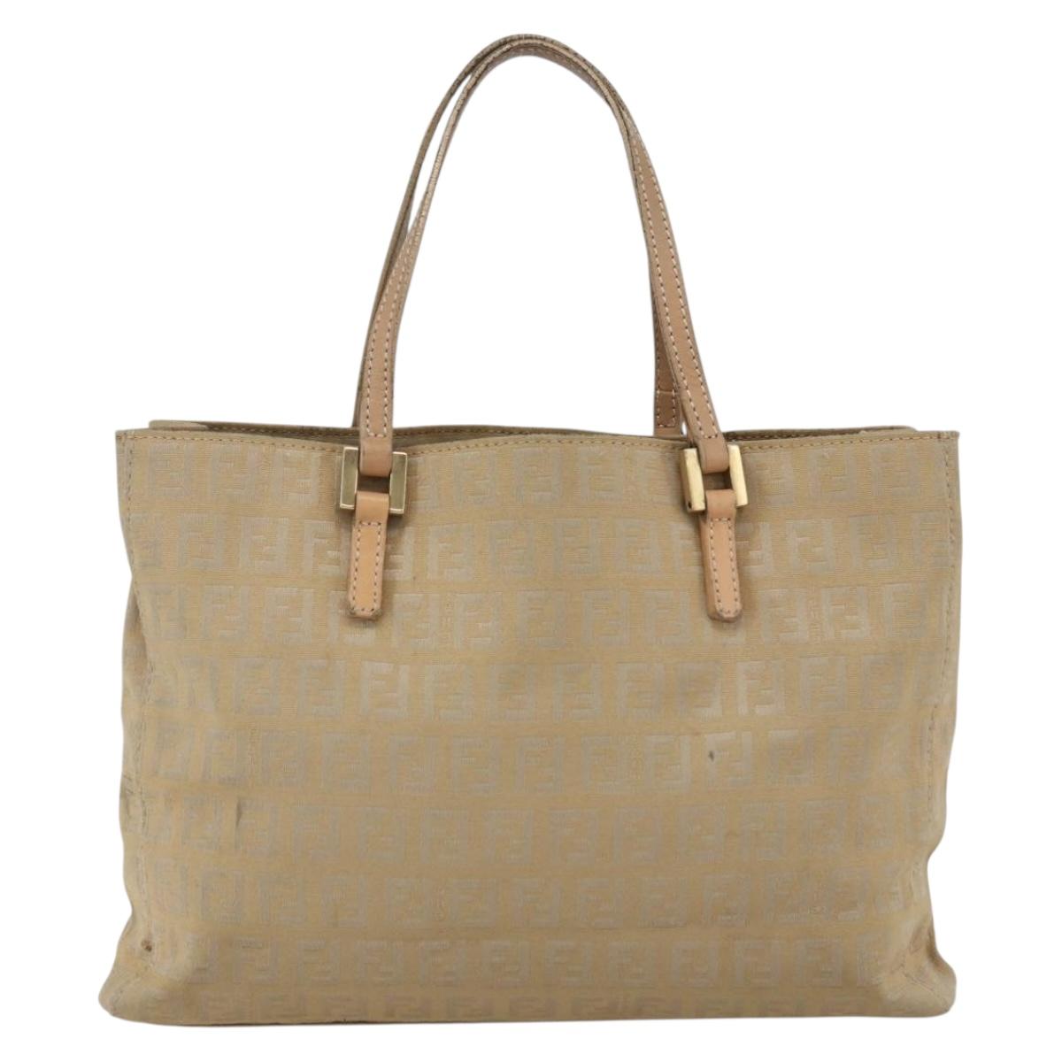 FENDI Zucchino Canvas Hand Bag Beige Gold Auth mr1871