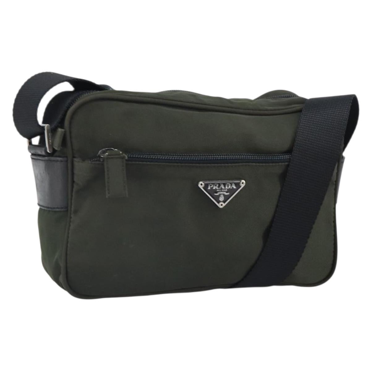PRADA Shoulder Bag Nylon Khaki Silver Auth mr1875