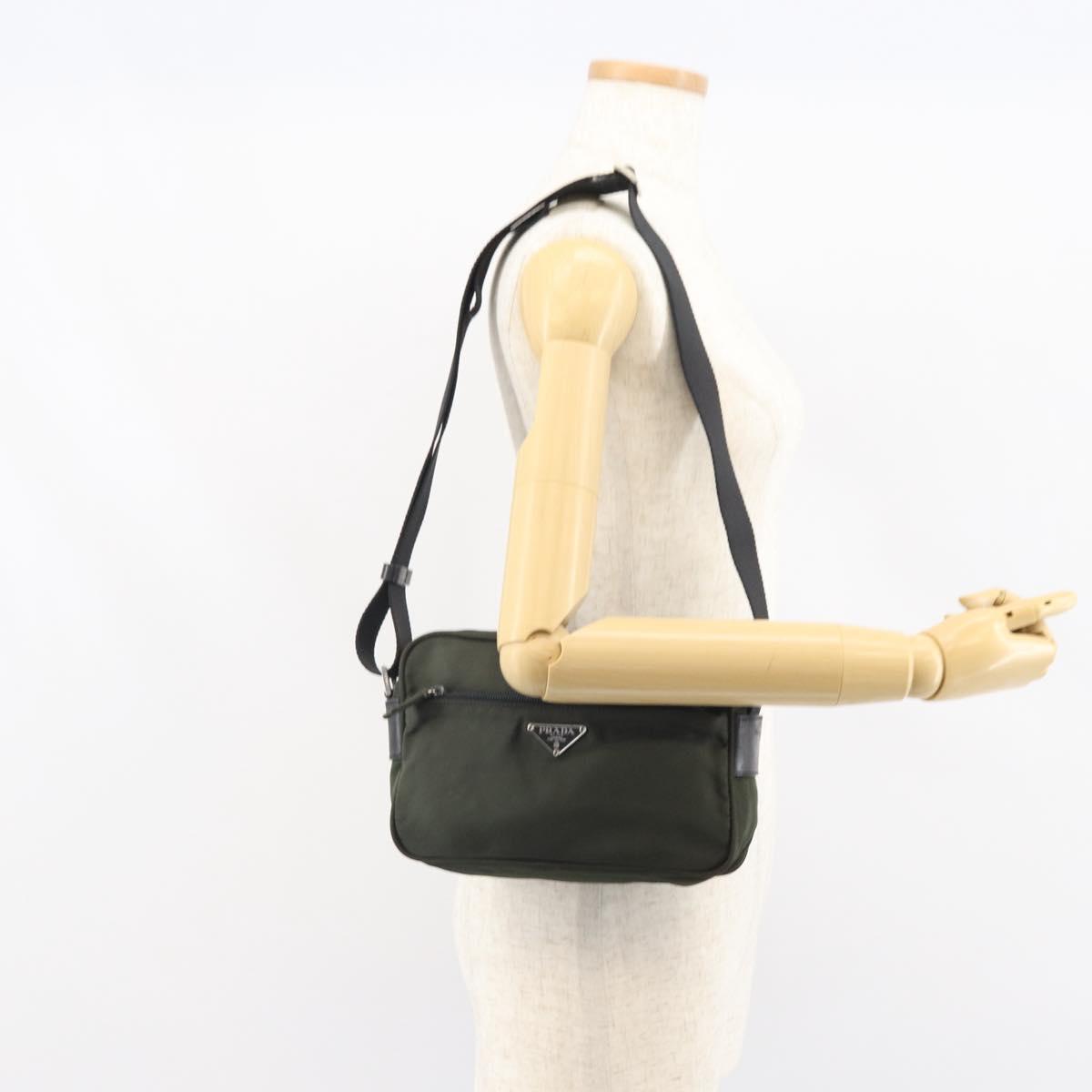 PRADA Shoulder Bag Nylon Khaki Silver Auth mr1875