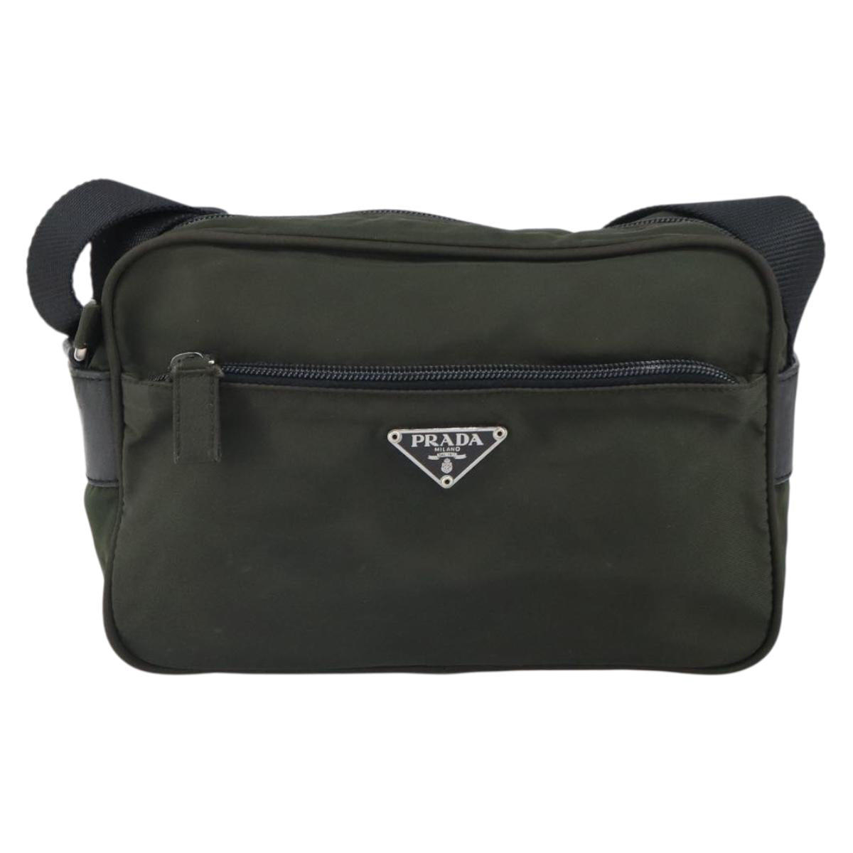 PRADA Shoulder Bag Nylon Khaki Silver Auth mr1875