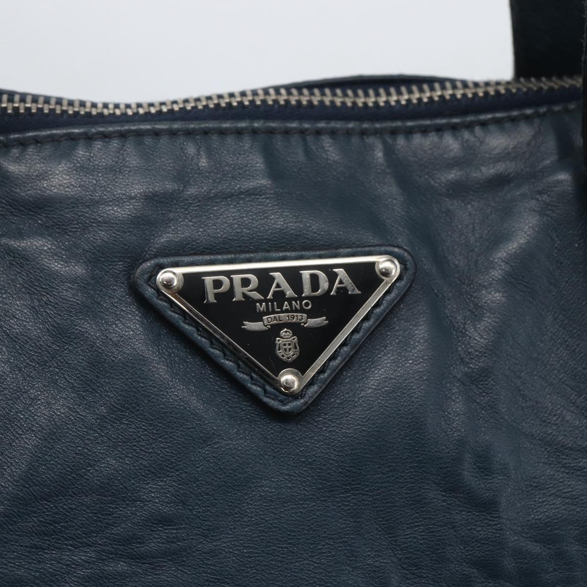 PRADA Tote Bag Leather Navy Silver Auth mr1876