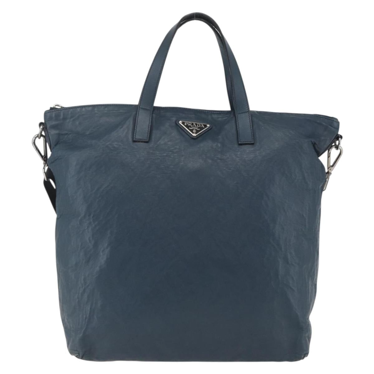 PRADA Tote Bag Leather Navy Silver Auth mr1876