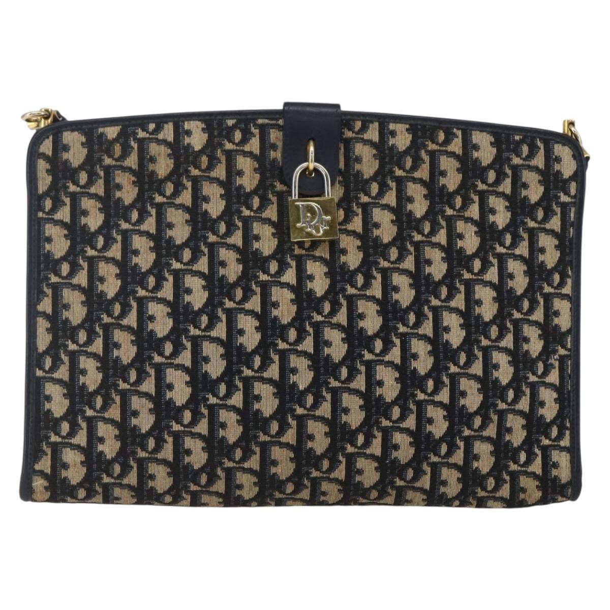 Christian Dior Trotter Canvas Shoulder Bag Navy Gold Auth mr1879